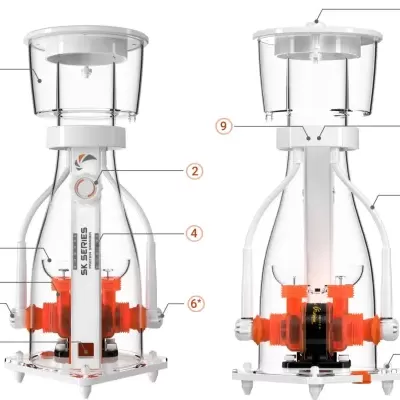Skimmer de proteína SK SERIES transparente com detalhes brancos e laranja, visto de frente e de costas