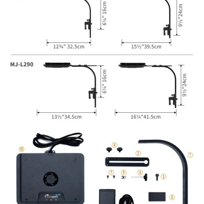 Plano de montagem e especificações do suporte MJ-L260 e MJ-L290 com peças para montagem