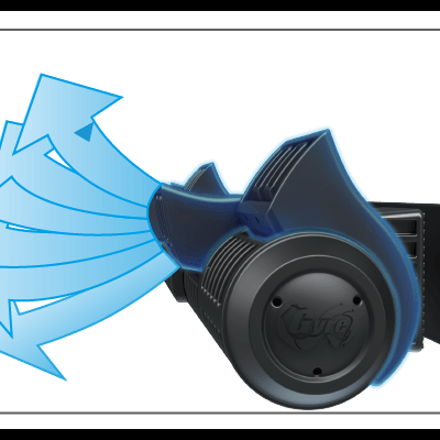 Buzina automóvel preta com setas azuis que indicam o som, texto 'bye' visível