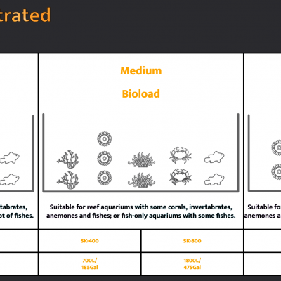 Gráfico ilustrando configuração de aquários de recife com diferentes níveis de Bioload.