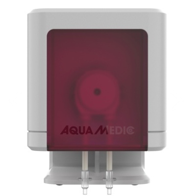 Dispensador branco com tampa vermelha translúcida e texto AQUA MEDIC