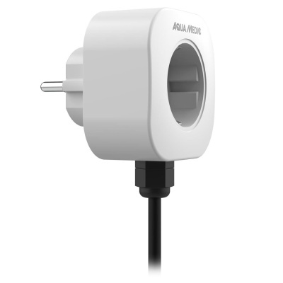 Adaptador elétrico branco com plugue europeu e texto AQUA MEDIC