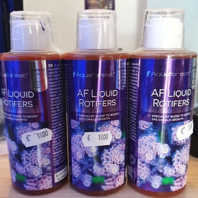 Três frascos de líquido AF LIQUID ROTIFERS da Aquaforest com tampa branca