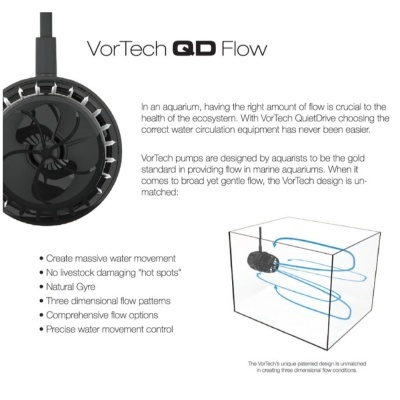 Produto VorTech QD Flow com bomba para circulação de água em aquário e texto explicativo.