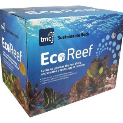 Caixa azul do produto EcoReef com imagens de corais e peixes