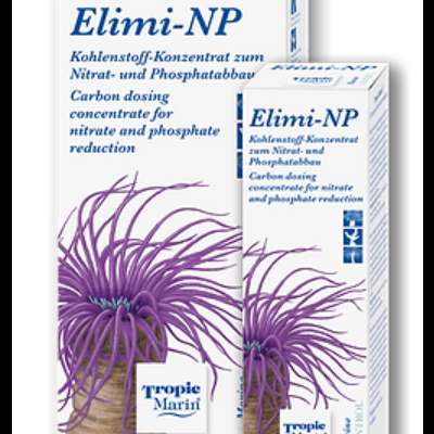 Caixas Elimi-NP com planta roxa e texto bilingue sobre concentração de carbono para redução de nitrato e fosfato