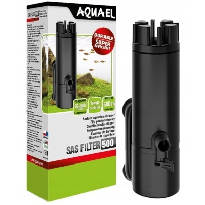 Filtro de superfície AQUAEL SAS FILTER 500 preto com embalagem colorida verde, branco e vermelho