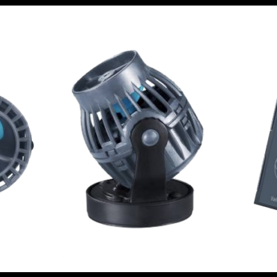 Ventilador portátil cinzento com hélice azul e dispositivo digital cinzento com visor e botões