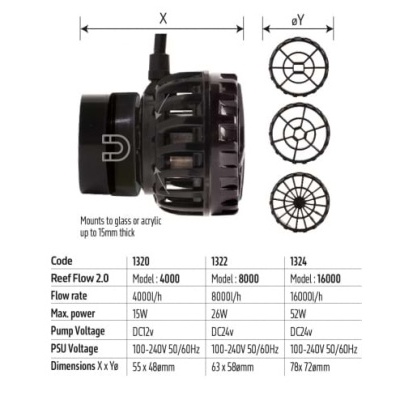 Bomba submersível preta para aquário com especificações técnicas e dimensões
