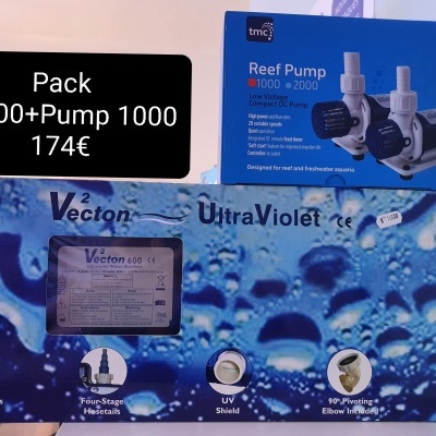 Pack UV600 e Pump 1000 com caixa azul de Reef Pump 1000 e 2000 com detalhes técnicos