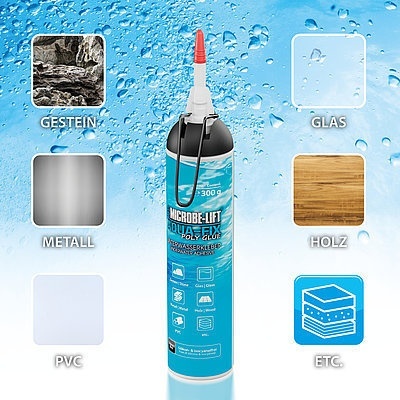 Tubo de cola Microbe-Lift Aqua-Fix Poly Glue com fundo azul e ícones de materiais coláveis