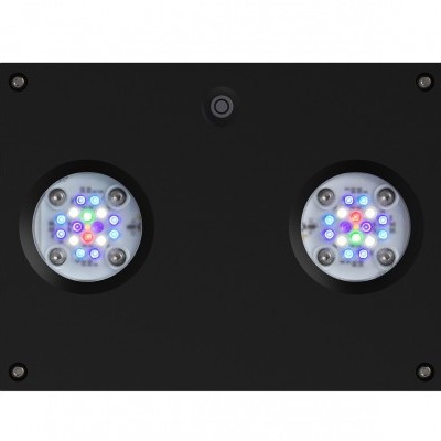 Dispositivo eletrónico preto com duas luzes LED circulares coloridas e sensor central