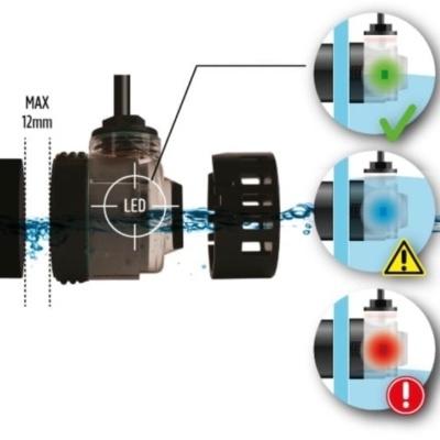 Bomba submersível preta com LED indicador e distância máxima 12mm.