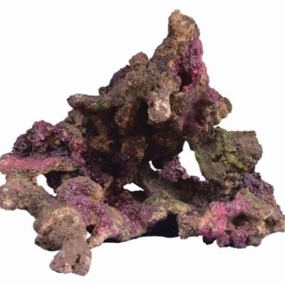 Peça decorativa em forma de rocha com cores marrons, roxas e verdes