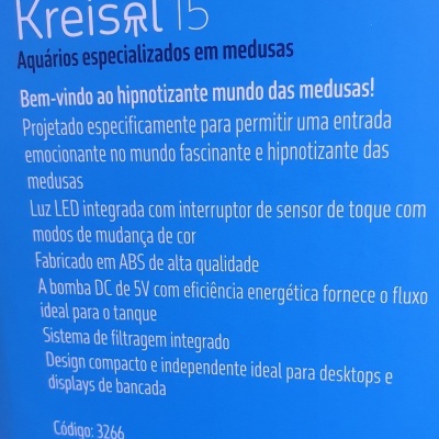 Embalaem azul com texto informativo do aquário Kreisal 15 em português