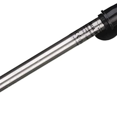 Resistência de aquário metálica prateada com detalhes pretos e marcações numéricas.