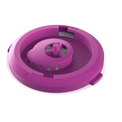 Peça circular rosa com recortes e relevos em plástico