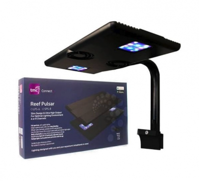 Luz LED Reef Pulsar preta com LEDs azuis e embalagem roxa da tmc Connect