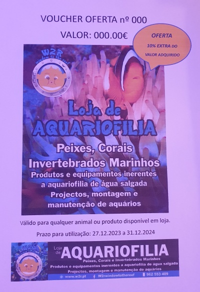 Voucher oferta para Loja de Aquariofilia com texto e imagem de coral