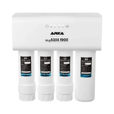 Filtro de água branco ARKA myAQUA 1900 com quatro cartuchos filtrantes rotulados