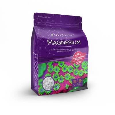 Produto Aquaforest MAGNESIUM para aquários de corais em embalagem roxa com imagem de corais verdes e roxos.