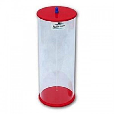 Recipiente cilíndrico transparente com base e tampa vermelhas