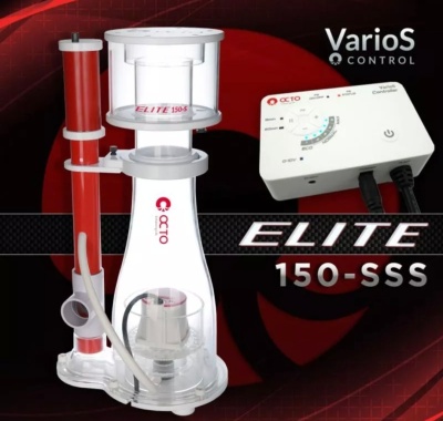Aparelho para aquários skimmer de proteína e controlador OCTO com texto ELITE 150-SSS em fundo vermelho e preto