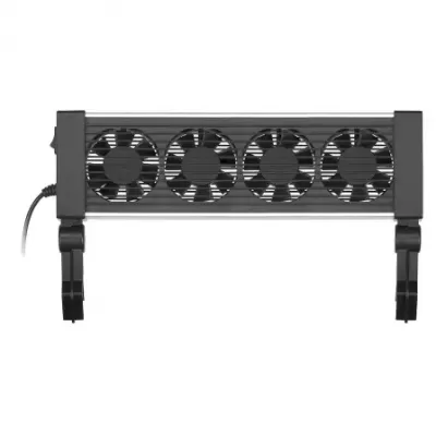 Ventoinha elétrica preta com quatro pás em estrutura retangular