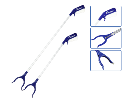 Dois apoios para ferramentas de alcance azul e branco com cabo longo e empunhadura em pinça.