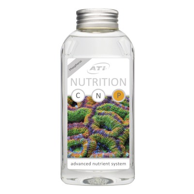 Frasco transparente com líquido e etiqueta colorida da marca ATI Nutrition C N P