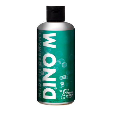 Frasco de plástico com rótulo verde DINOM FAUNA MARIN