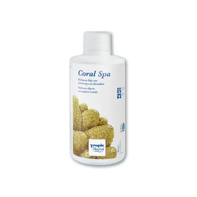 Frasco de basicamente branco de Coral Spa da Tropic Marin com ilustração de corais.