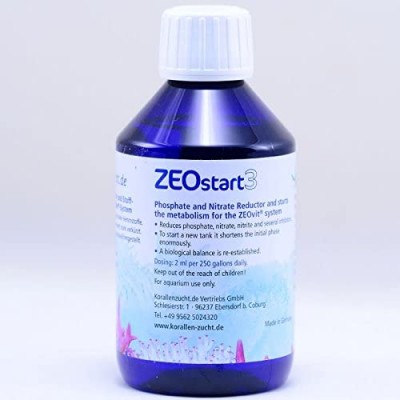 Frasco azul escuro com tampa branca e rótulo branco com texto do produto ZEOstart 3