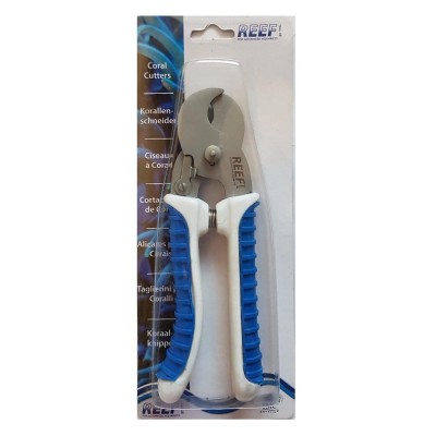 Tesoura para cortar corais REEF com cabo branco e azul embalada em blister