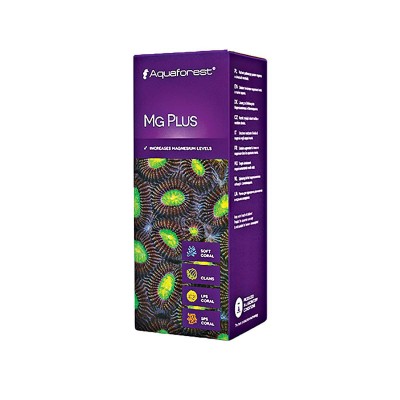 Caixa do produto Aquaforest Mg Plus com imagem de corais coloridos