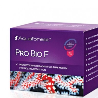Caixa roxa do produto Aquaforest Pro Bio F com imagem de coral
