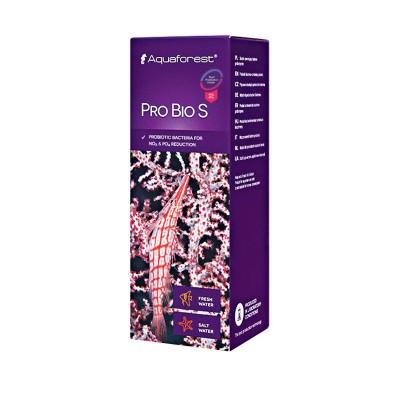 Embalagem Aquaforest Pro Bio S roxa com imagem de coral vermelho