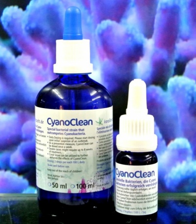 Dois frascos CyanoClean com conta-gotas, um grande e outro pequeno, sobre fundo roxo desfocado.