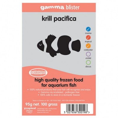 Embalagem de alimento congelado para peixes, marca gamma blister, krill pacifica.