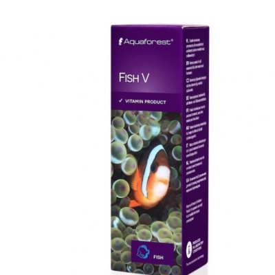 Embalagem roxa do suplemento vitamínico para peixes Fish V da Aquaforest com imagem de peixe-palhaço