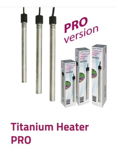 Três aquecedores de titânio com cabos pretos e suas embalagens com texto Titanium Heater PRO e PRO version