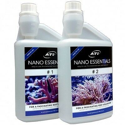 Frascos de produtos ATI Nano Essentials para aquários, números 1 e 2, com imagens de corais.