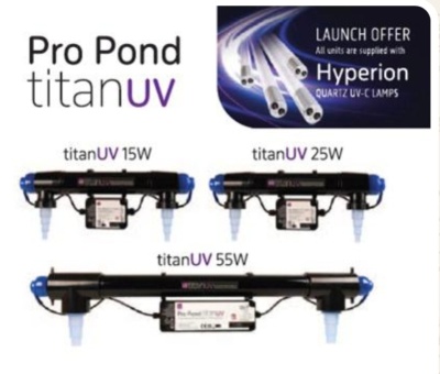 Lâmpadas UV Pro Pond titanUV em preto e azul com detalhes metálicos e texto promocional