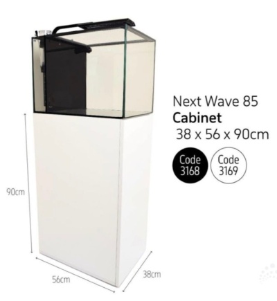 Aquário Next Wave 85 com armário branco e dimensões indicadas