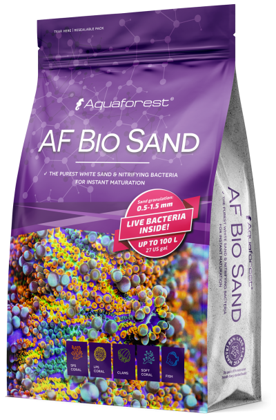 Saco roxo de areia branca bio AF Bio Sand da Aquaforest para aquários, com texto e imagem colorida do produto