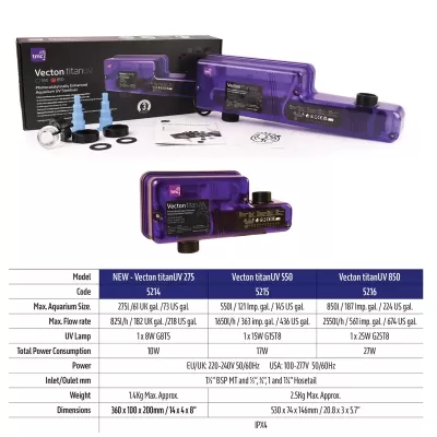Esterilizador UV para aquários Vecton titanUV em plástico roxo com caixa preta e acessórios