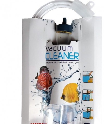 Caixa branca com aspirador para aquários e imagem de peixes coloridos