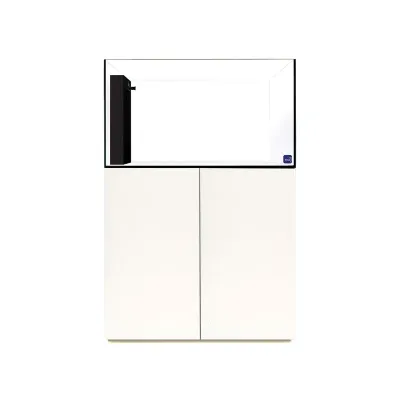 Aquário em vidro sobre móvel branco com duas portas
