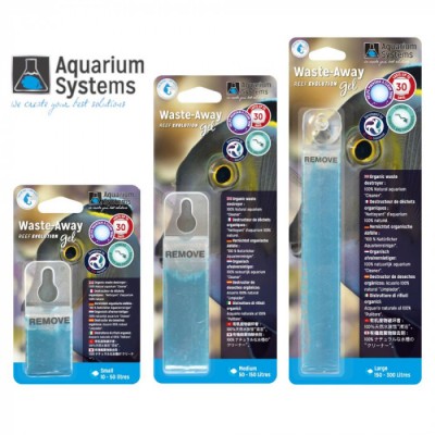 Três embalagens de gel Waste-Away da Aquarium Systems para aquários, em tamanhos small, medium e large.