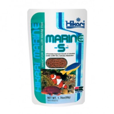 Embalagem de ração para peixes Hikari Marine-S 50g com imagens de peixes coloridos